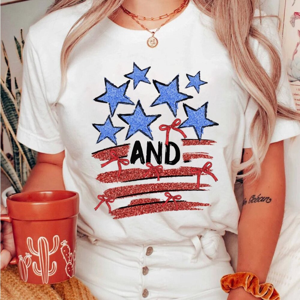B286 White Patriotic Stars and Stripes Bow Graphic T Shirt - Picture 4 of 6
